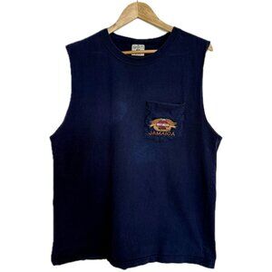 Vintage Harley Davidson T-shirt Men L Navy Sleeveless Jamaica Embroidery Pocket